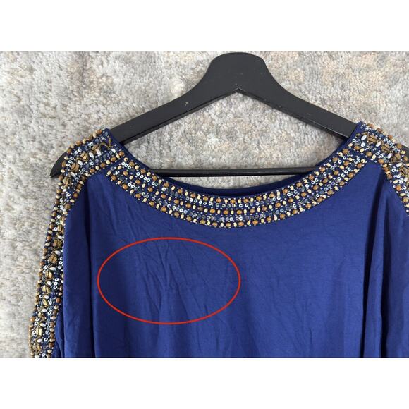 Joyous & Free Womens Size S Beaded Sequins Cold Shoulder Tunic Top Navy Stretch - Picture 2 of 11
